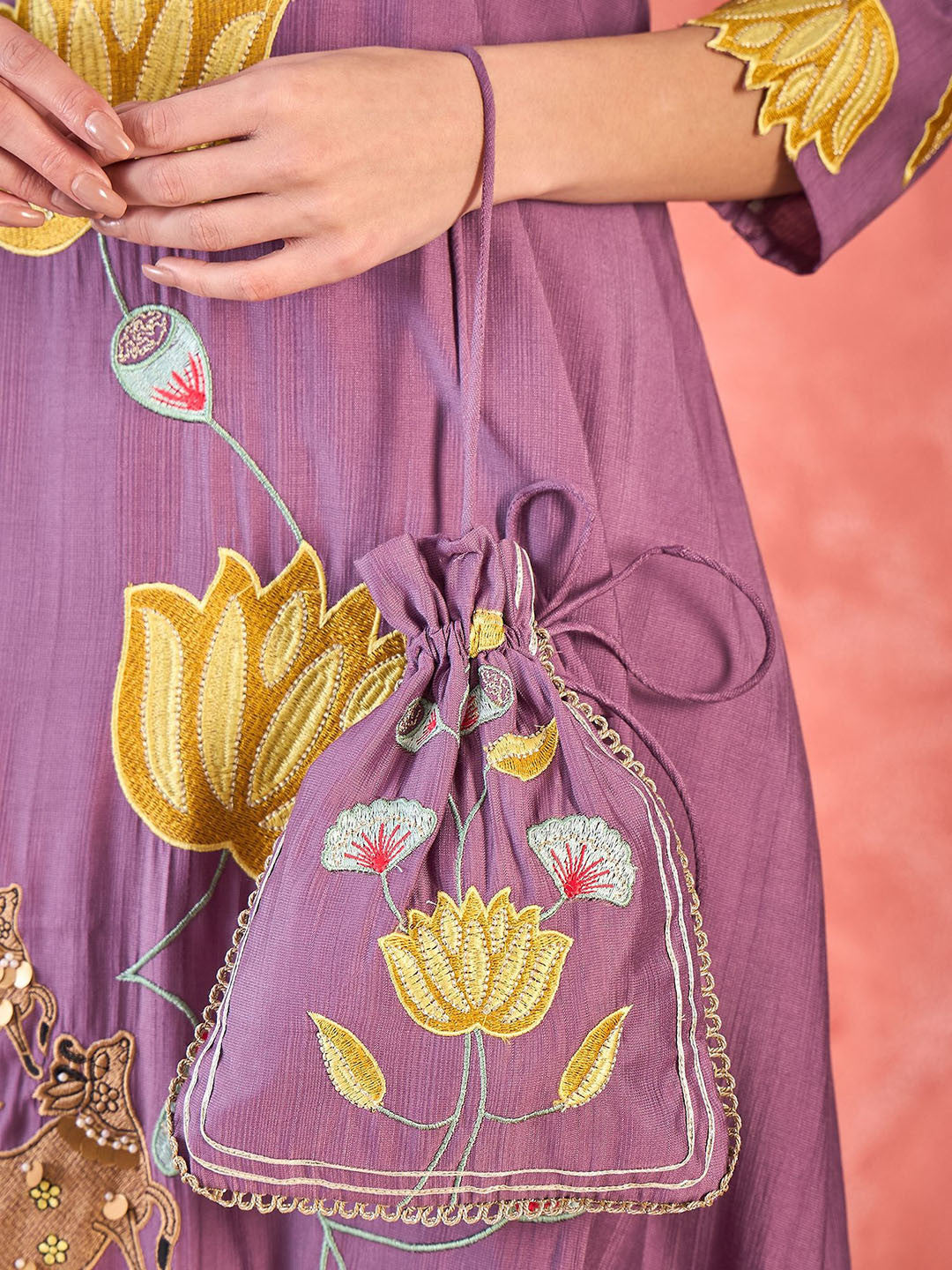 Floral Embroidered A-Line Kurta With Trousers & Bag