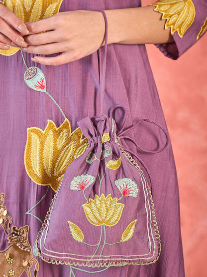 Floral Embroidered A-Line Kurta With Trousers & Bag
