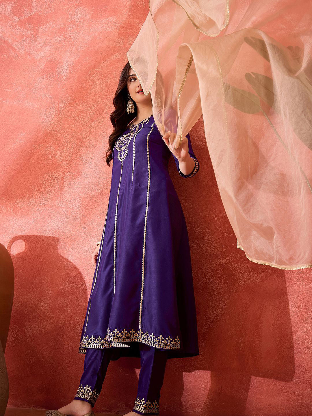 Floral Embroidered Panelled Gotta Patti A-Line Kurta With Trouser & Dupatta