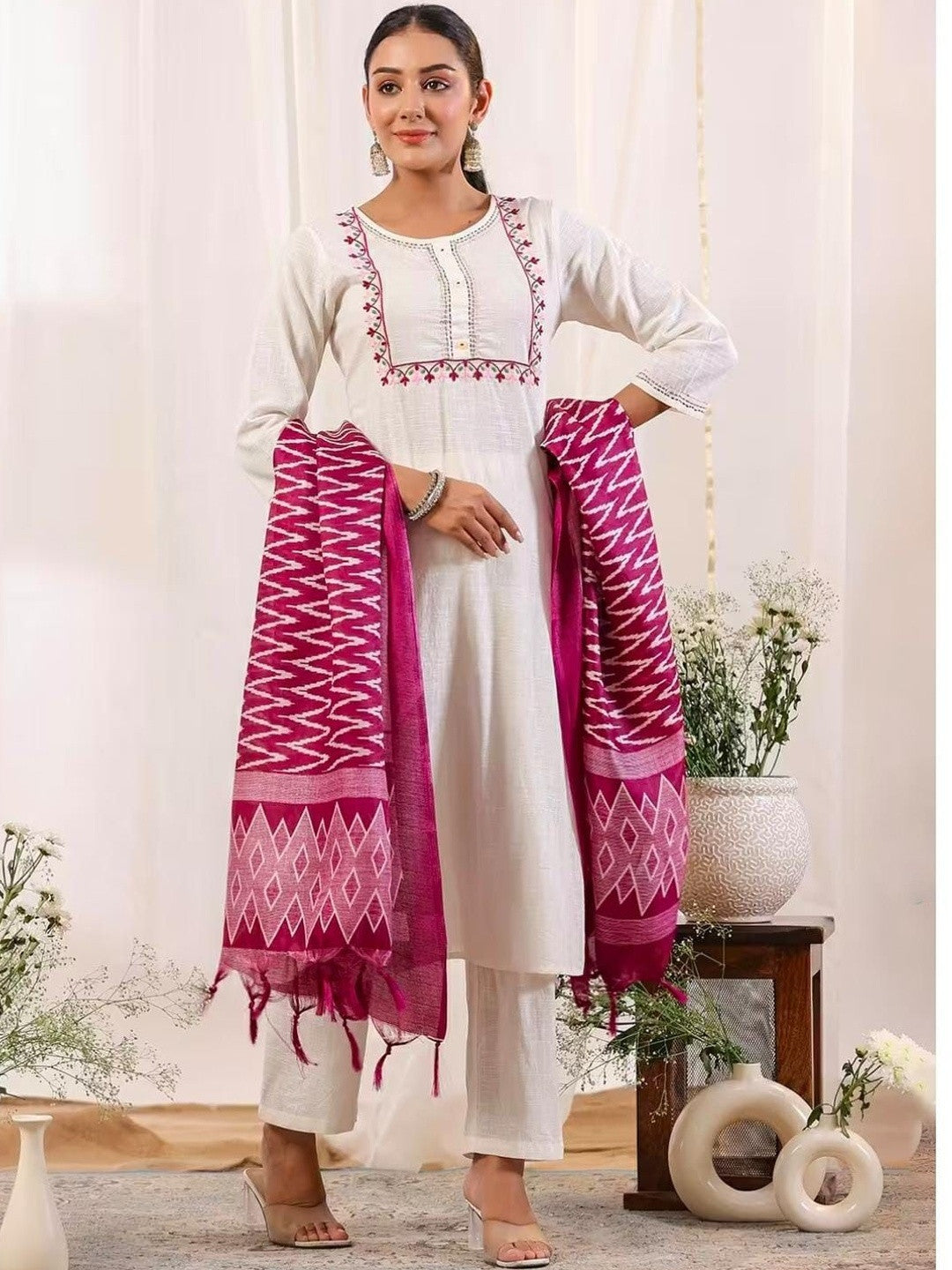 Pure Cotton Round Neck Kurta & Trousers With Dupatta