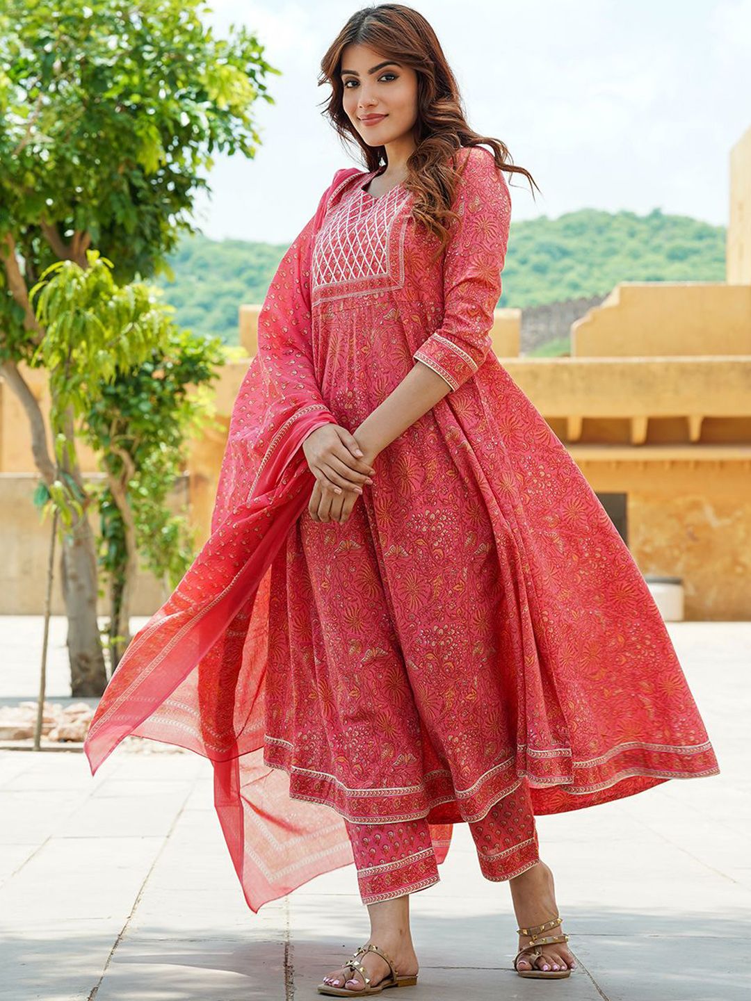 Dhiyona KL Floral Printed Regular Pure Cotton Anarkali Kurta with Trousers & Dupatta
