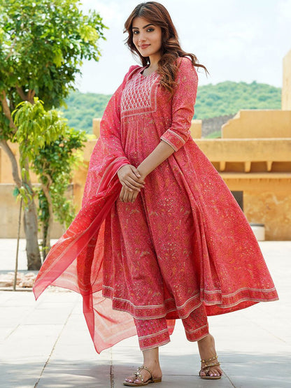 Dhiyona KL Floral Printed Regular Pure Cotton Anarkali Kurta with Trousers & Dupatta