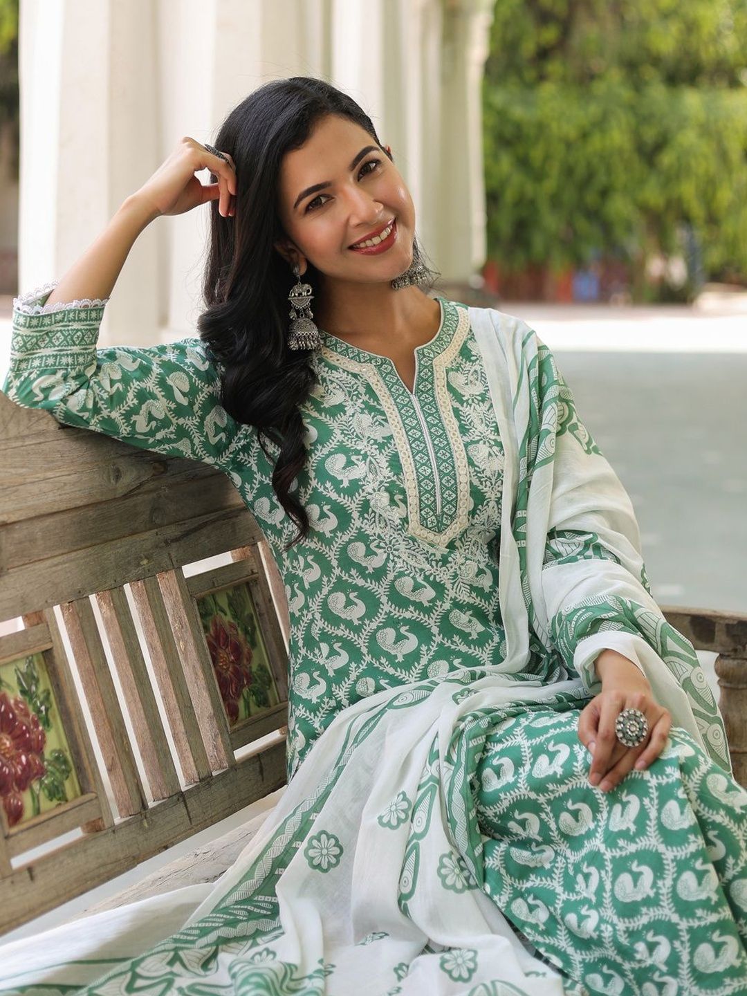 Dhiyona RR Women's Printed Pure Cotton Kurta with Trousers & With Dupatta
