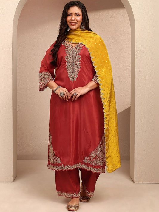 Dhiyona Women's Ethnic Motifs Embroidered Regular Thread Work Kurta with Trousers & With Dupatta