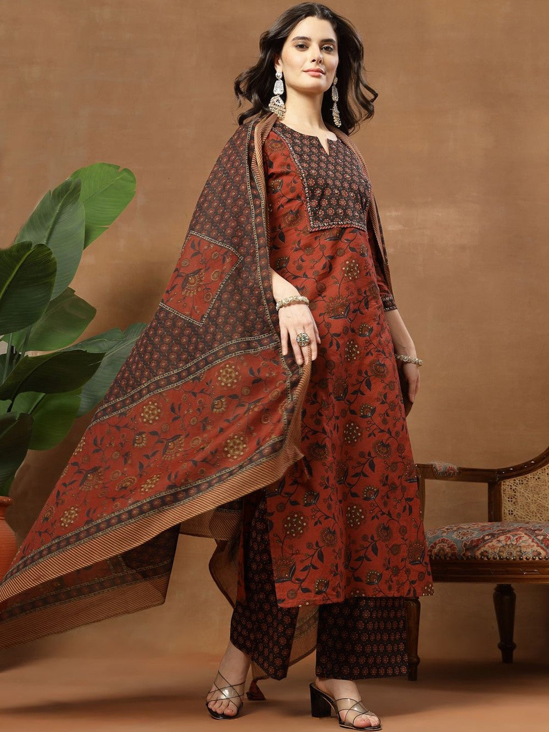 Dhiyona SN Printed Pure Cotton Round Neck Kurta & Palazzos With Dupatta