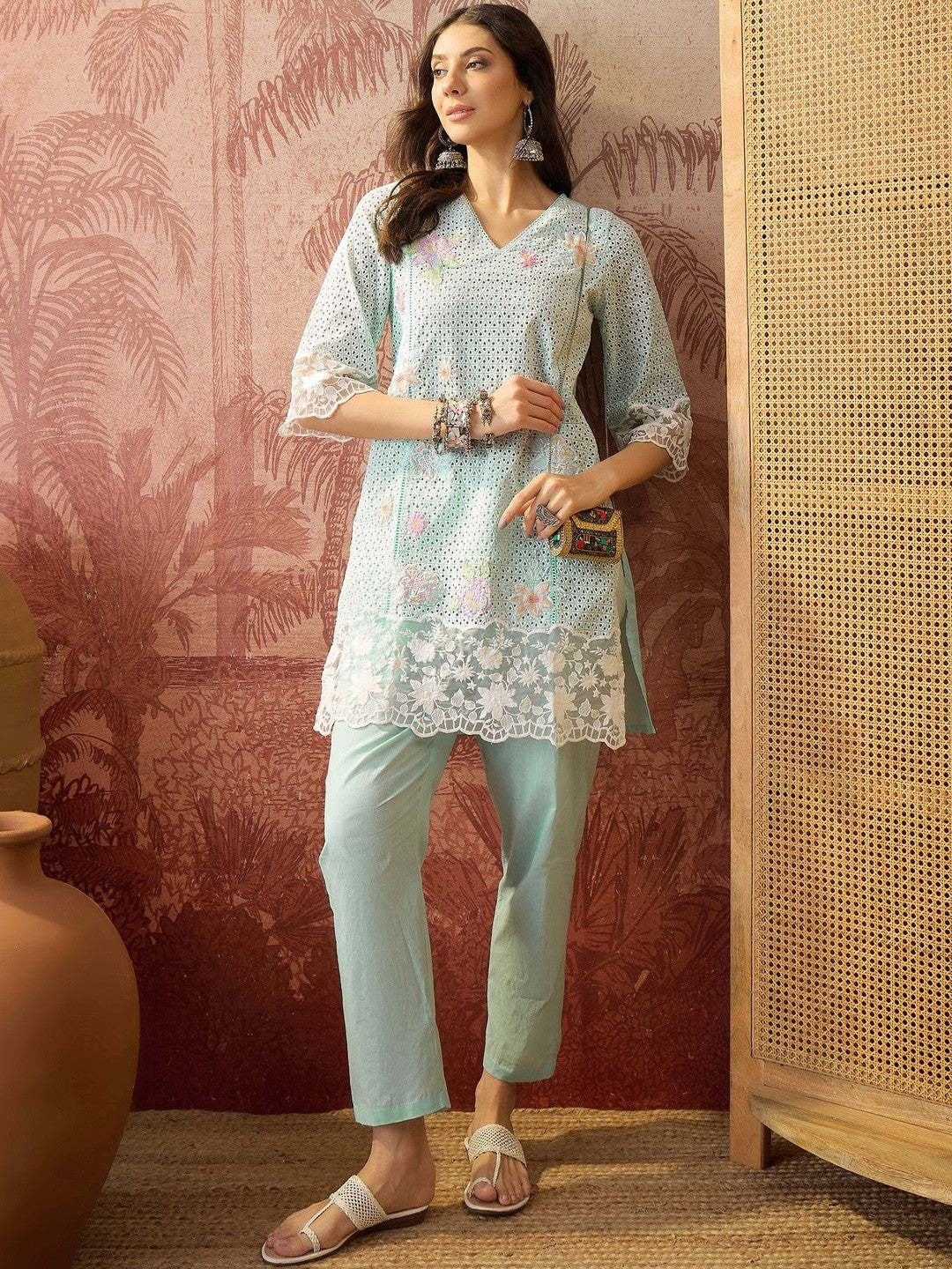 Embroidered Pure Cotton V-Neck Kurta & Trousers Kurta Set