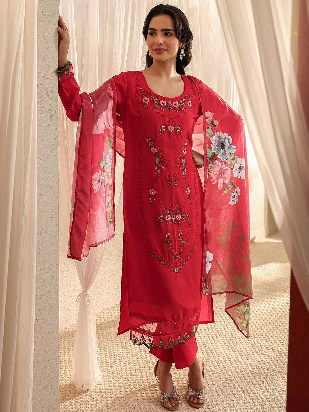 Red Floral Embroidered Straight Suit Set with Dupatta