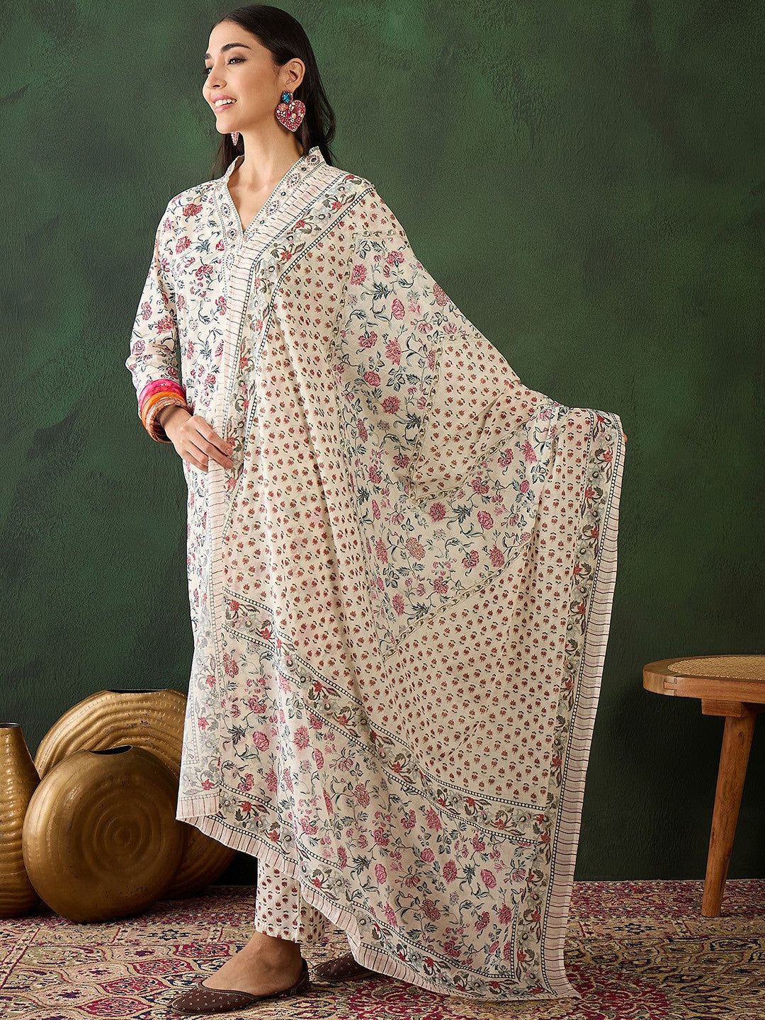 Floral Printed Mirror Work Pure Cotton Kurta & Trousers With Dupatta