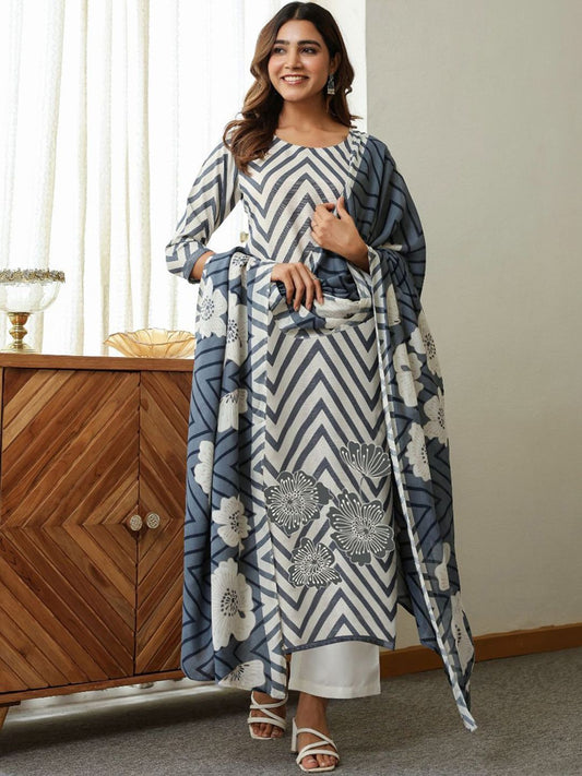 Dhiyona KL Women Chevron Printed Kurta with Palazzo & Dupatta