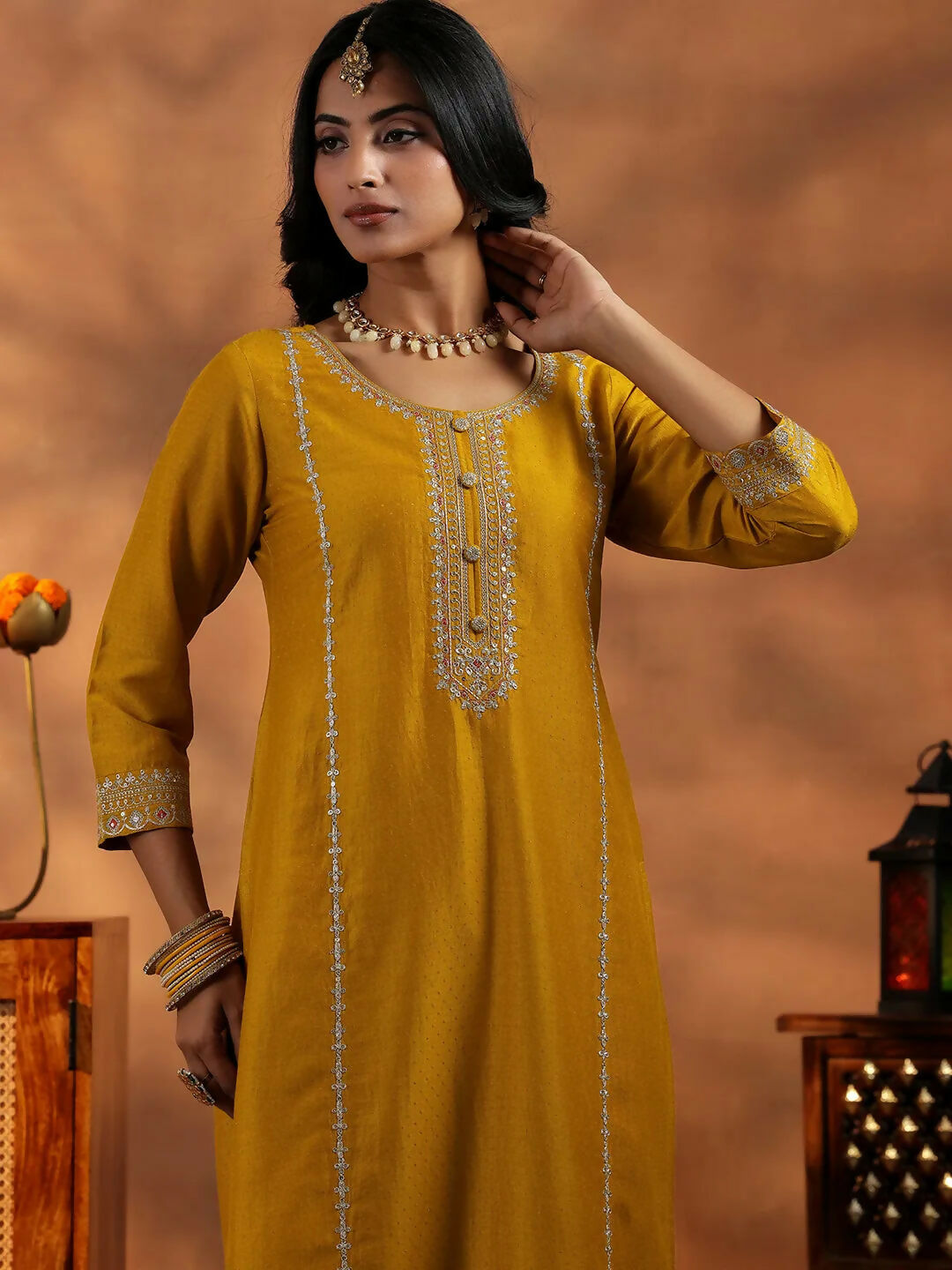 Women's LB Mustard Embroidered Silk Blend Straight Suit With Dupatta