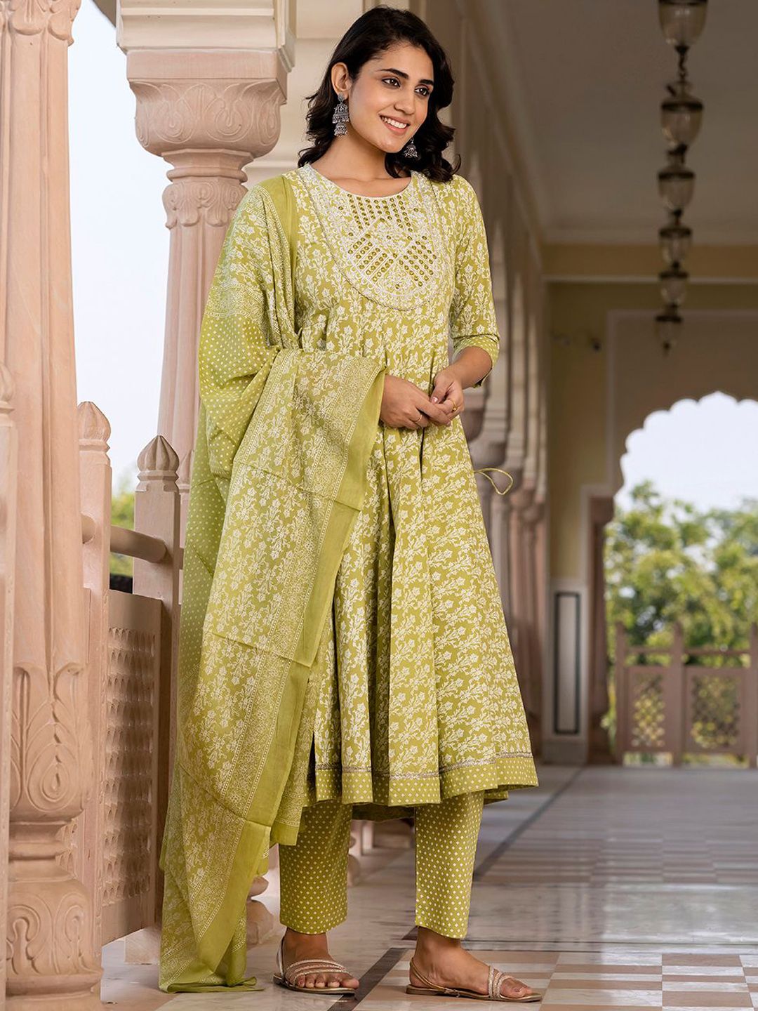 Dhiyona KL Floral Printed Mirror Work Anarkali Pure Cotton Kurta With Trousers & Dupatta