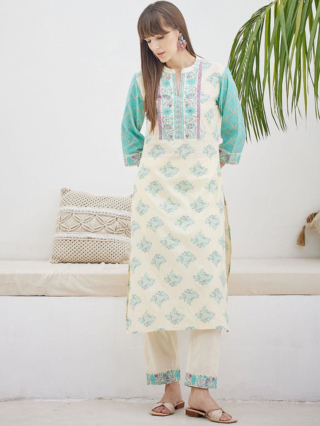 Ethnic Motifs Printed Straight Thread Work Pure Cotton Kurta With Trouser