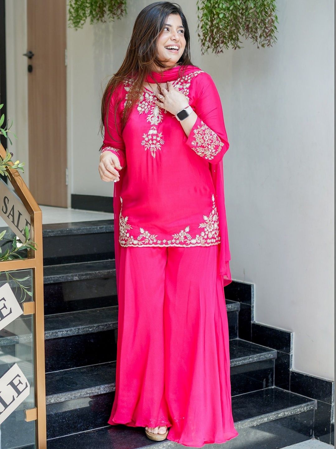 Dhiyona KL Women Ethnic Motifs Embroidered Regular Thread Work Silk Crepe Kurta with Palazzos & With Dupatta