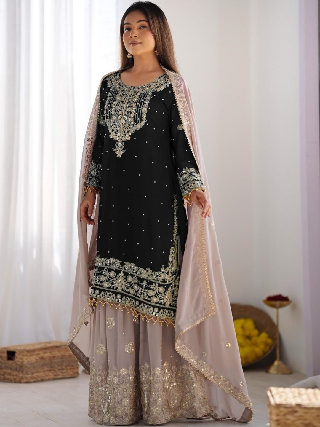 Dhiyona KL Women Ethnic Motifs Embroidered Regular Sequinned Kurta with Sharara & With Dupatta