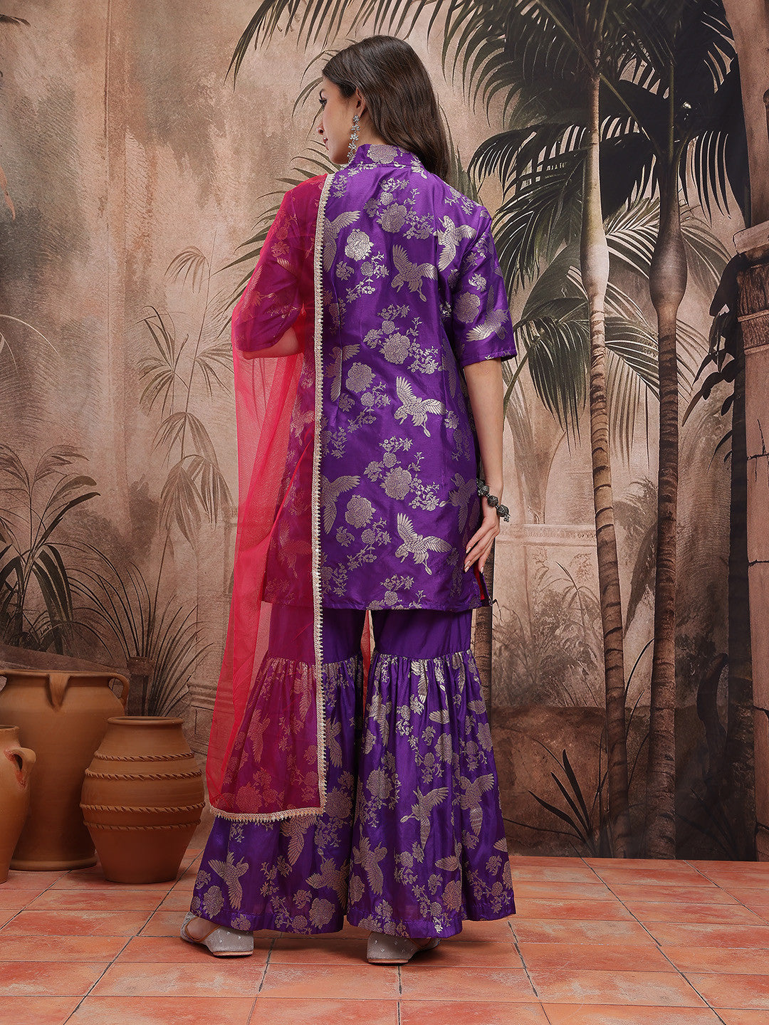 Ethnic Motifs Foil Printed V-Neck Kurta with Sharara