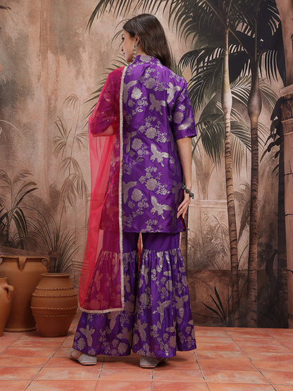 Ethnic Motifs Foil Printed V-Neck Kurta with Sharara
