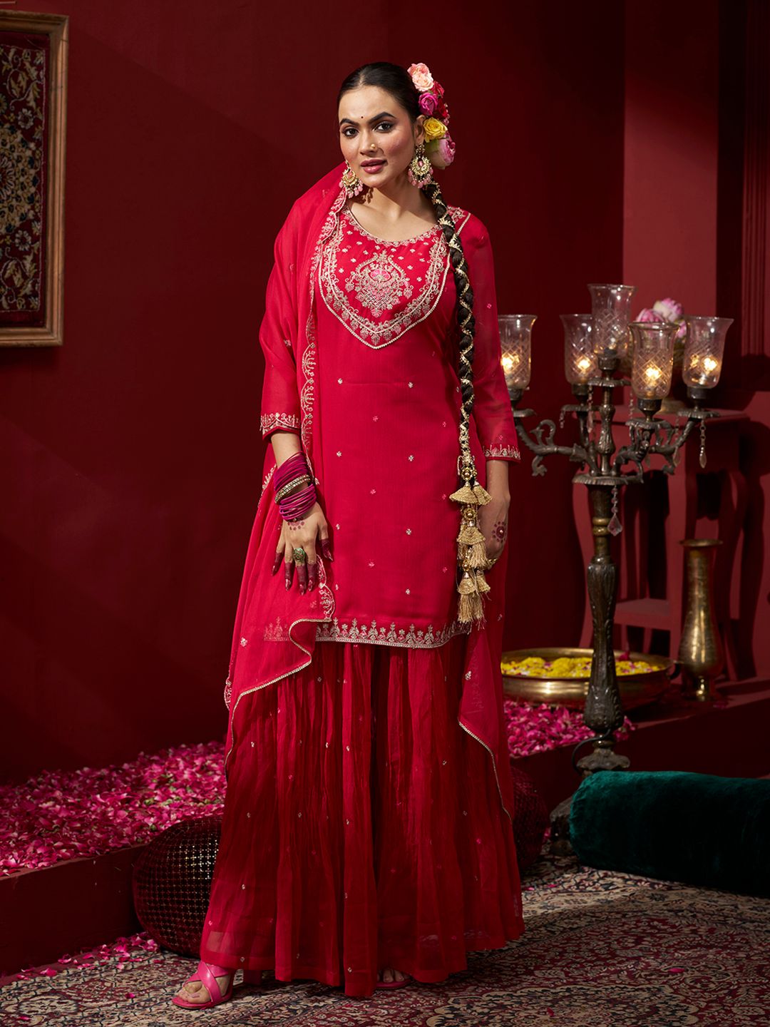Dhiyona CH Women Ethnic Motifs Embroidered Sequinned Straight Kurta with Palazzos & Dupatta