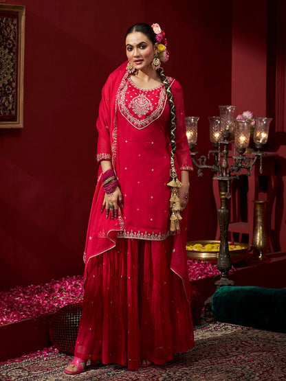 Dhiyona CH Women Ethnic Motifs Embroidered Sequinned Straight Kurta with Palazzos & Dupatta