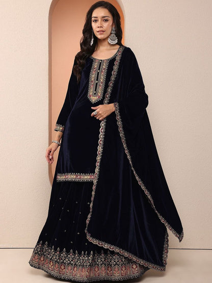 Dhiyona LL Women Ethnic Motifs Embroidered Regular Thread Work Velvet Kurta with Sharara & With Dupatta