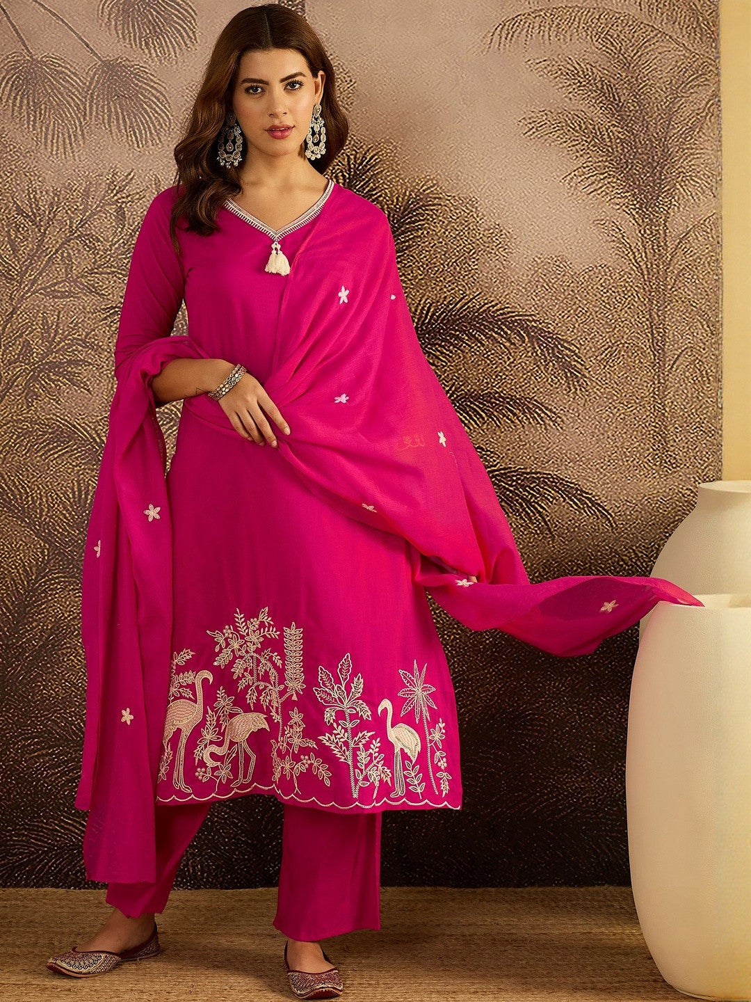 Thread Work Embroidered Kurta with Trousers & Dupatta