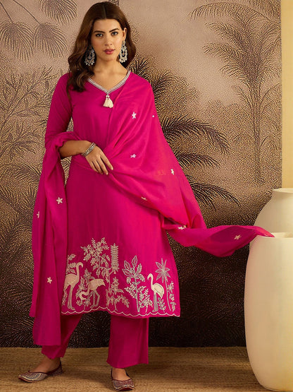 Thread Work Embroidered Kurta with Trousers & Dupatta