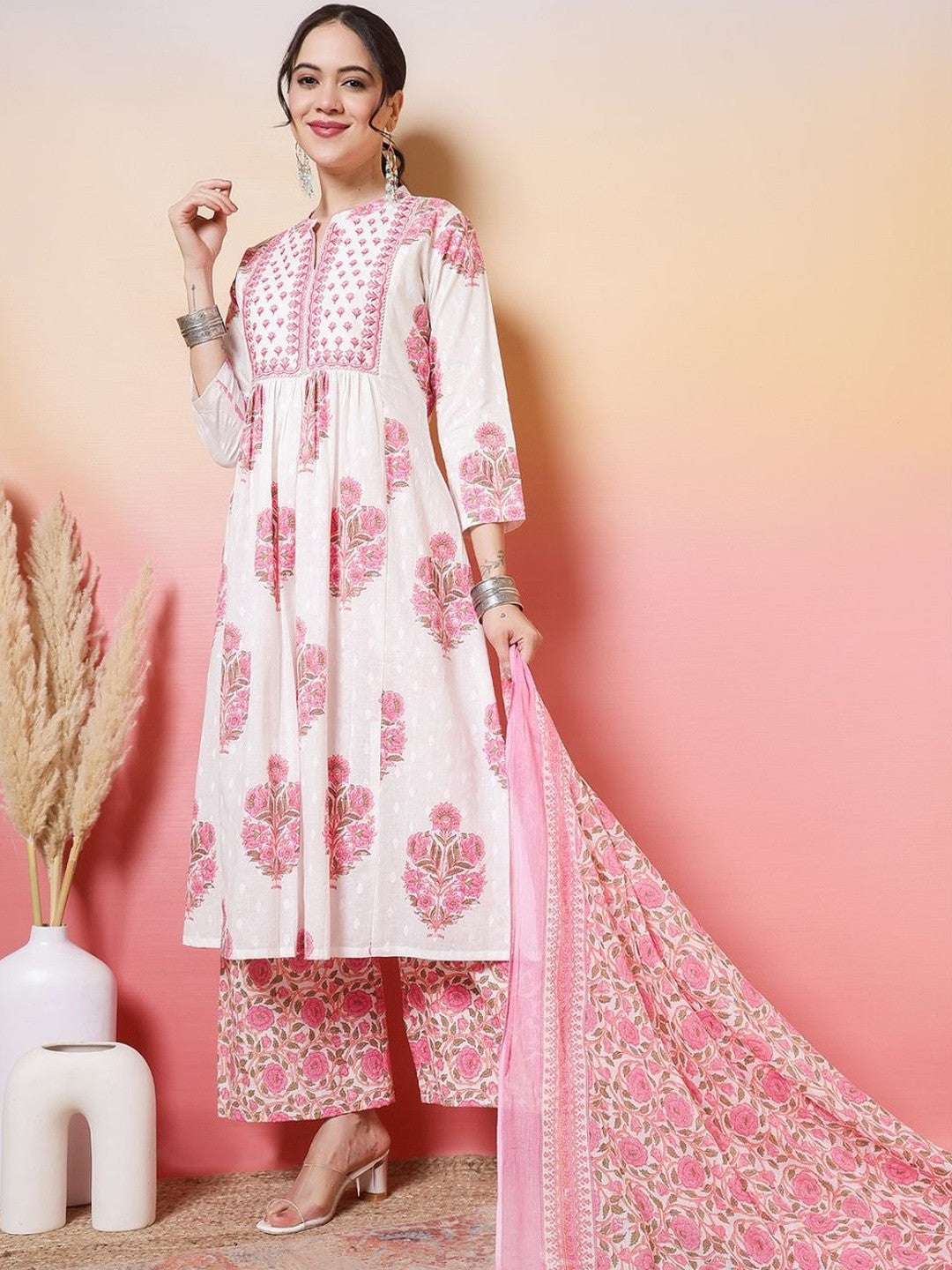 Embroidered Pure Cotton A-Line Kurta & Palazzos With Dupatta