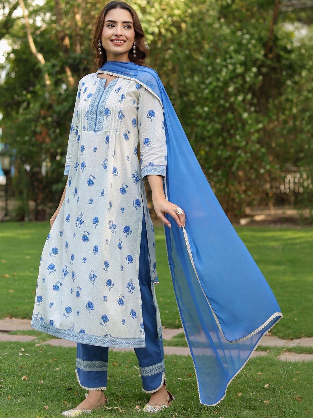 Dhiyona RR Women's Floral Printed Pure Cotton Kurta with Trousers & Dupatta