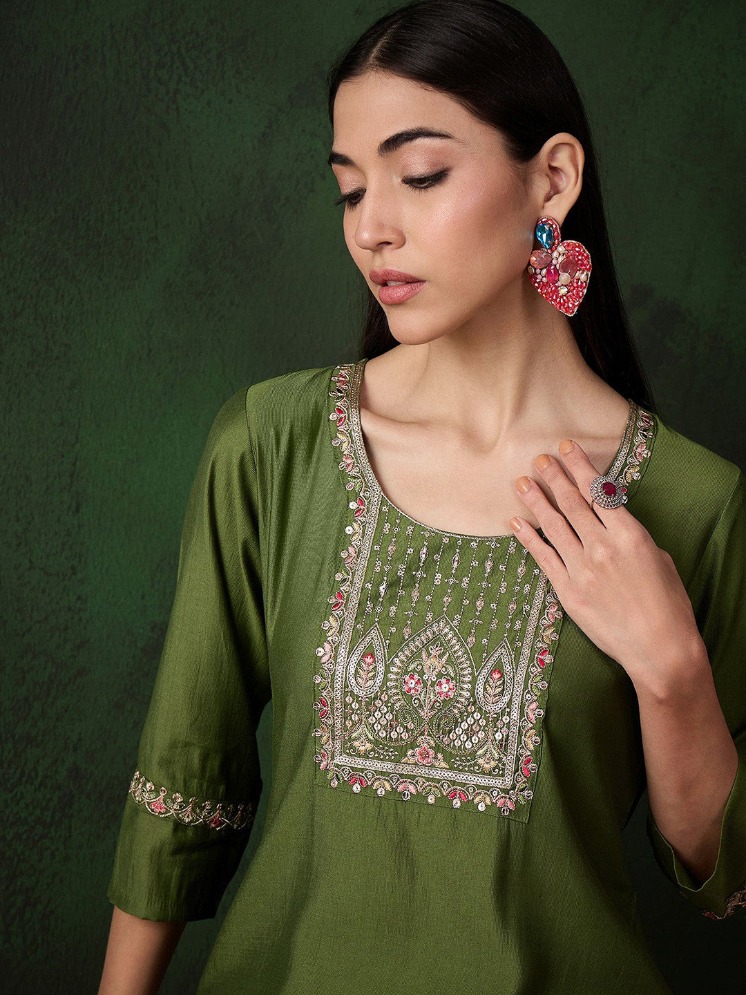 Floral Yoke Design Round Neck Sequinned Pure Silk Straight Kurta With Trousers