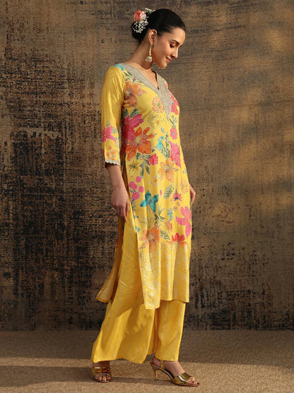Dhiyona LL Women Floral Printed Regular Gotta Patti Kurta with Palazzos & With Dupatta