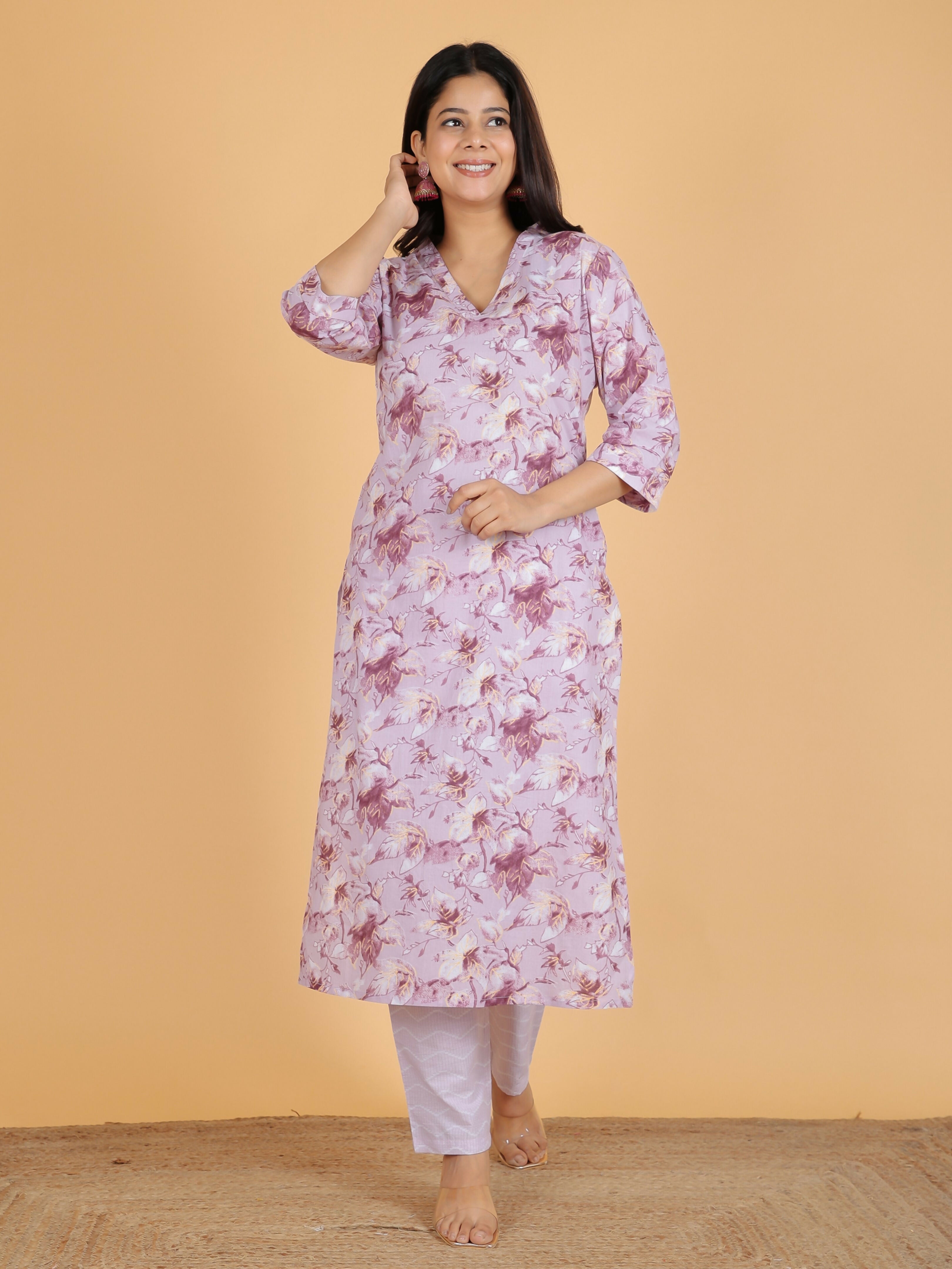 Women's Straight Soft Cotton Gold foil Print Women's Kurta - Purple