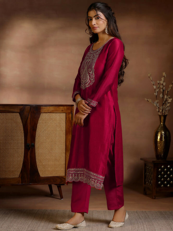 Women's LB Red Embroidered Silk Blend Straight Suits With Dupatta