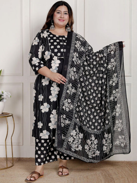 Dhiyona KL Women Floral Printed Cotton Kurta & Trousers With Dupatta