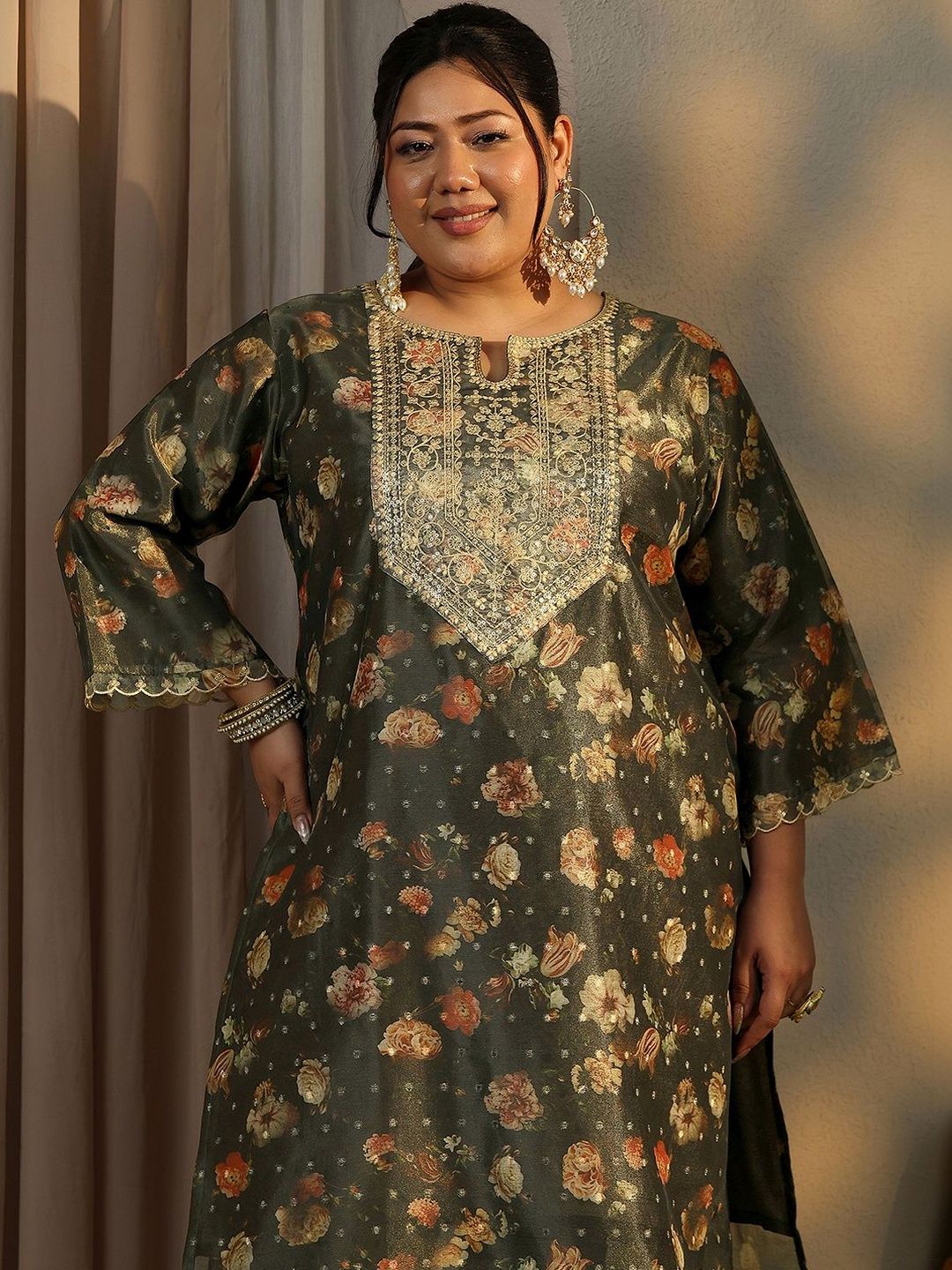 Dhiyona Women's Plus Size Floral Printed Kurta with Trousers & With Dupatta
