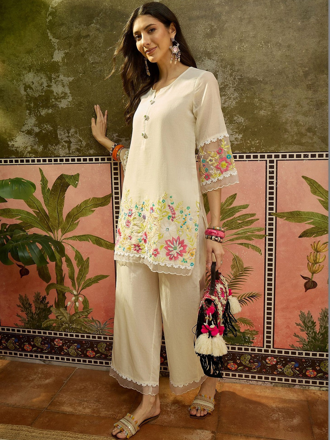 Embroidered Pure Cotton Round Neck Kurti & Trousers