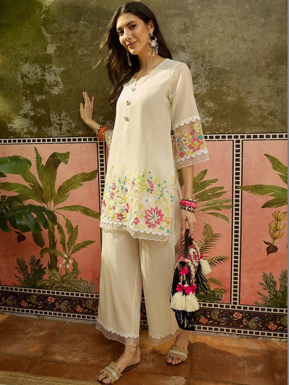 Embroidered Pure Cotton Round Neck Kurti & Trousers
