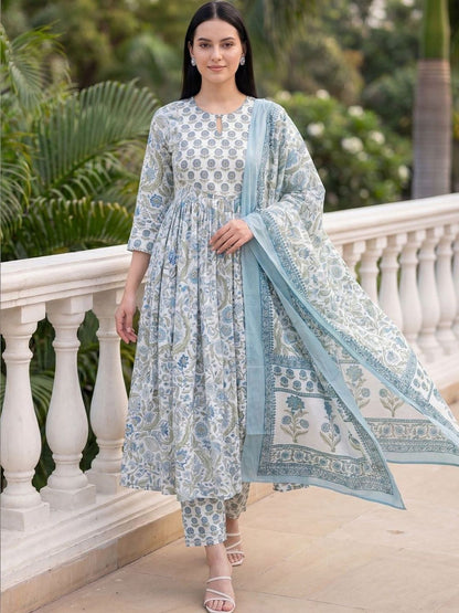 Women Floral Printed Empire Pure Cotton Kurta with Trousers & With Dupatta
