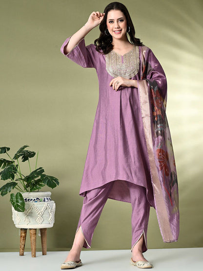 Ethnic MotifsEmbroidered Sequinned A-Line Kurta With Dhoti Pant & Dupatta