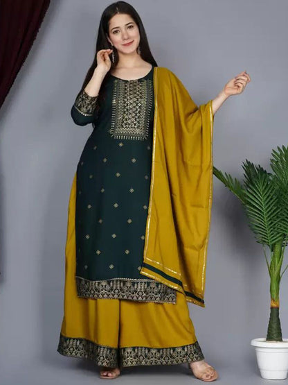 Dhiyona KL Women Embroidered Regular Mirror Work Kurta with Palazzos & With Dupatta