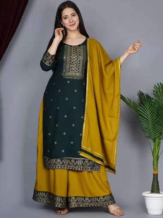Dhiyona KL Women Embroidered Regular Mirror Work Kurta with Palazzos & With Dupatta