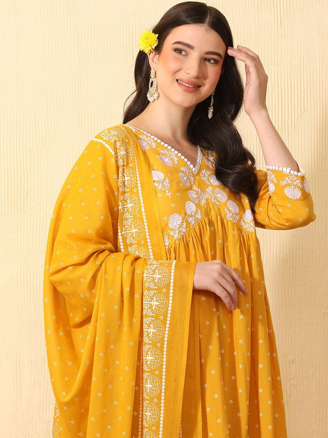 Women Ethnic Motifs Printed Empire Thread Work Pure Cotton Kurta with Trousers & With Dupatta