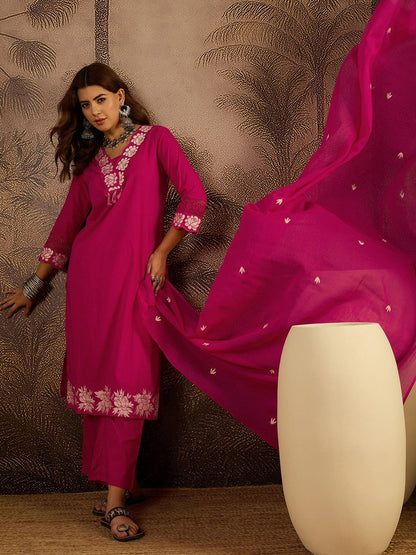 Embroidered Cotton Kurta with Trousers & Dupatta Set