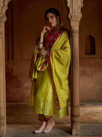 Dhiyona CH Floral Embroidered Sequinned A-Line Kurta With Trousers & Dupatta