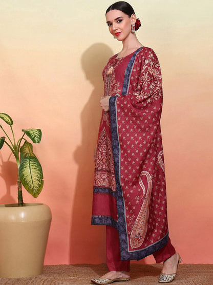 Dhiyona IS Women's Ethnic Motifs Printed Tie-Up Neck Straight Kurta With Trousers & Dupatta