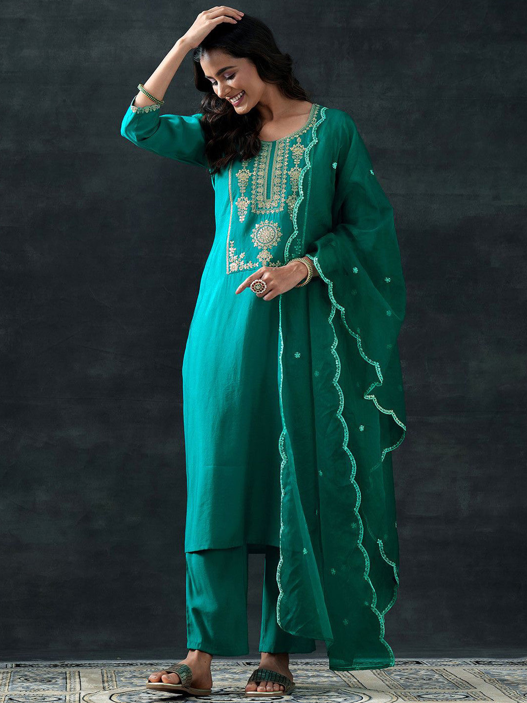 Women Ethnic Motifs Yoke Design Regular Kurta with Trousers & Dupatta