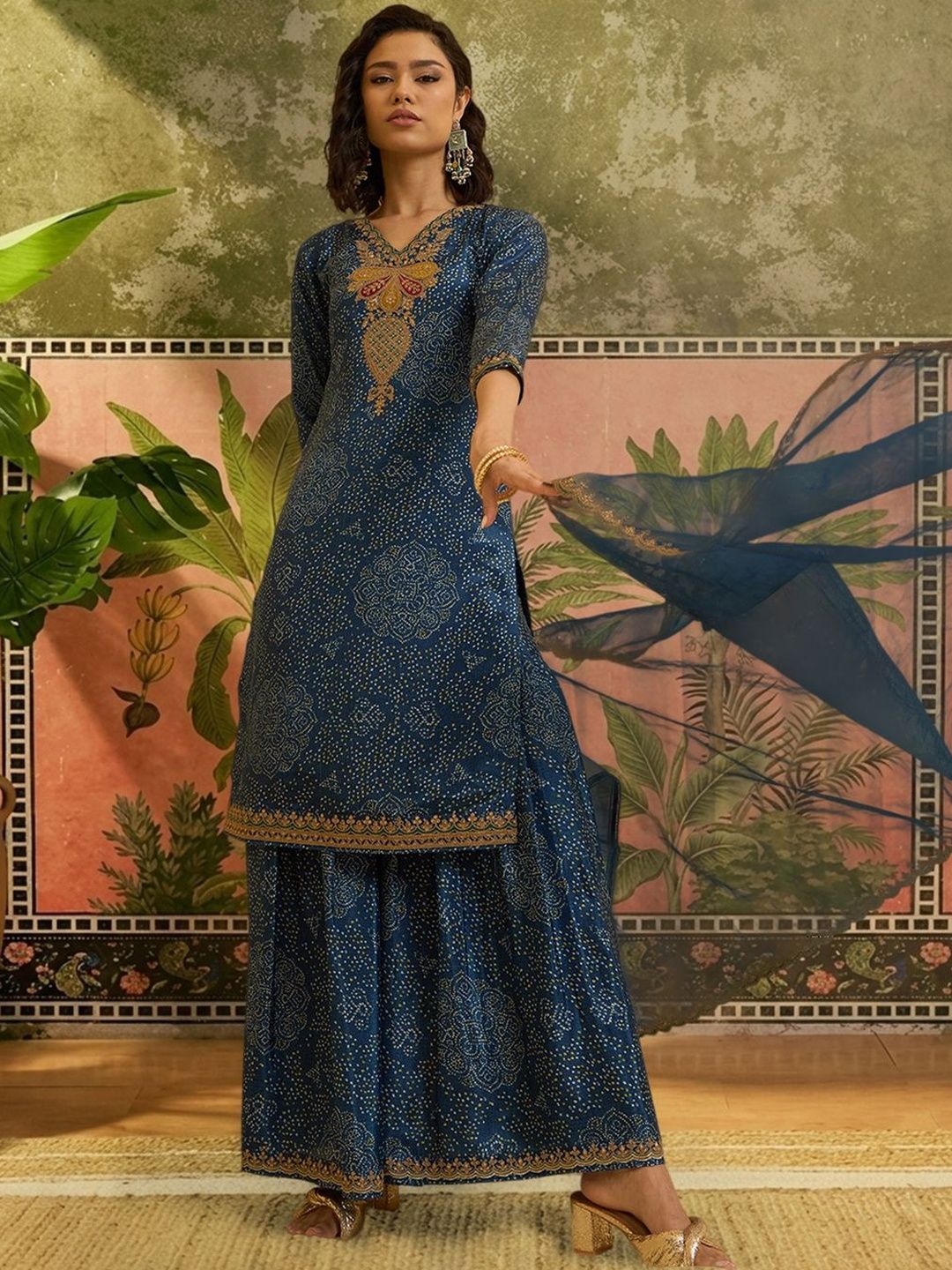 Dhiyona SN Embroidered V-Neck Kurta & Sharara With Dupatta