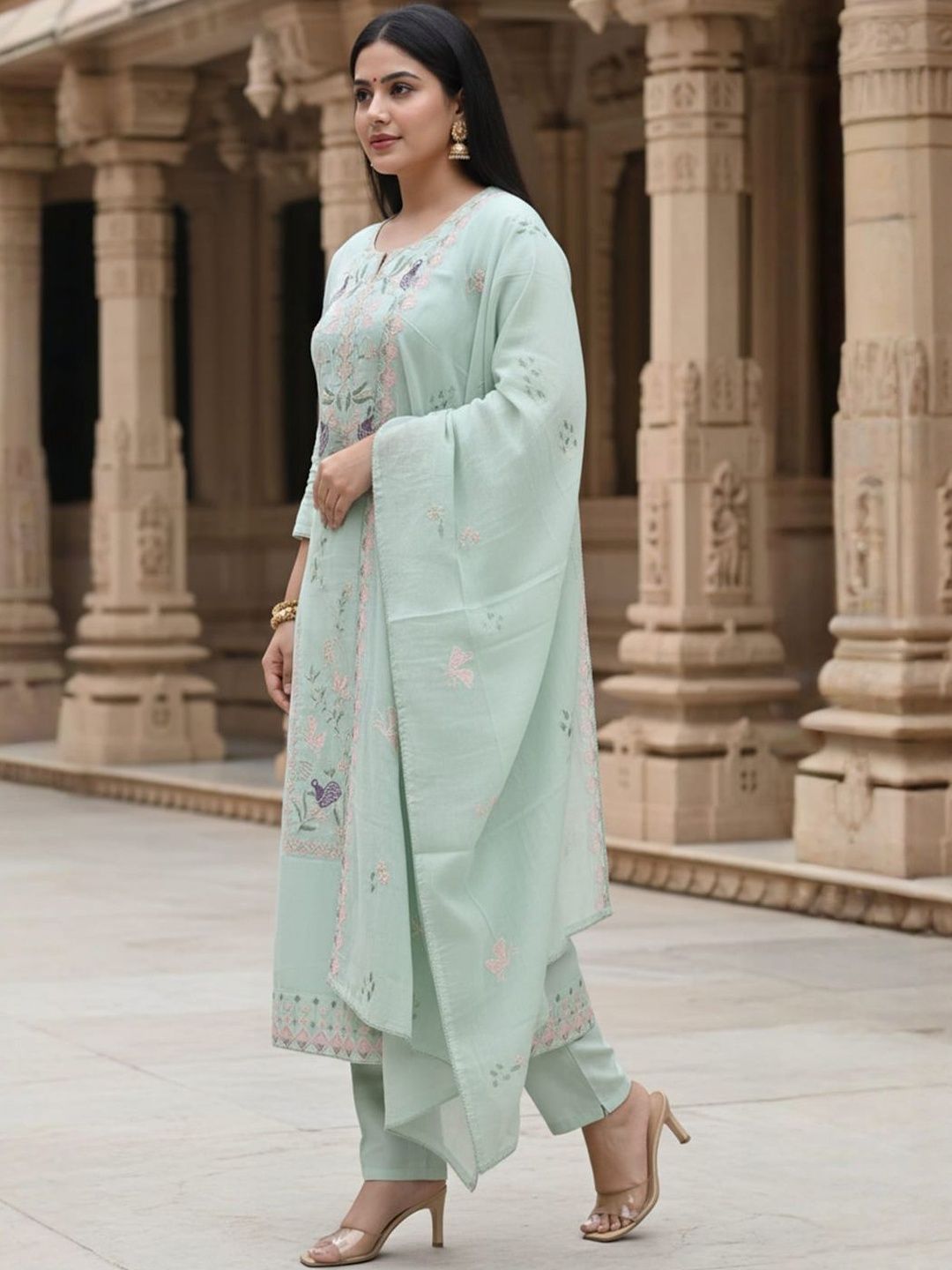 Floral Embroidered Thread Work Pure Cotton Straight Kurta & Trousers With Dupatta
