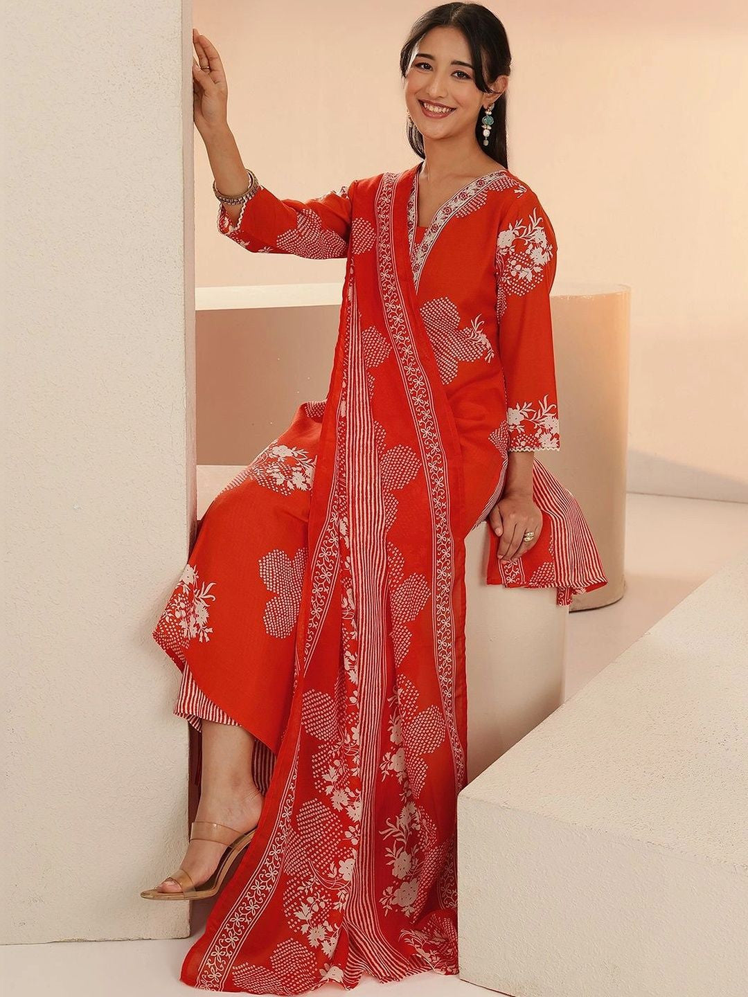 Orange Bandhani Printed Cotton Blend Straight Suit Set
