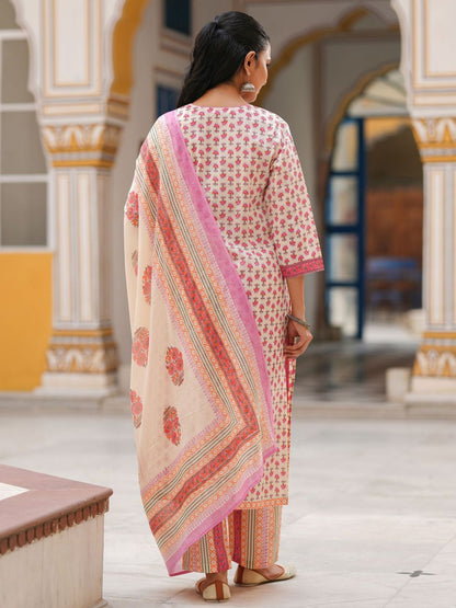 Dhiyona RR Women's Ethnic Motifs Printed Lace Work Pure Cotton Kurta Set With Dupatta