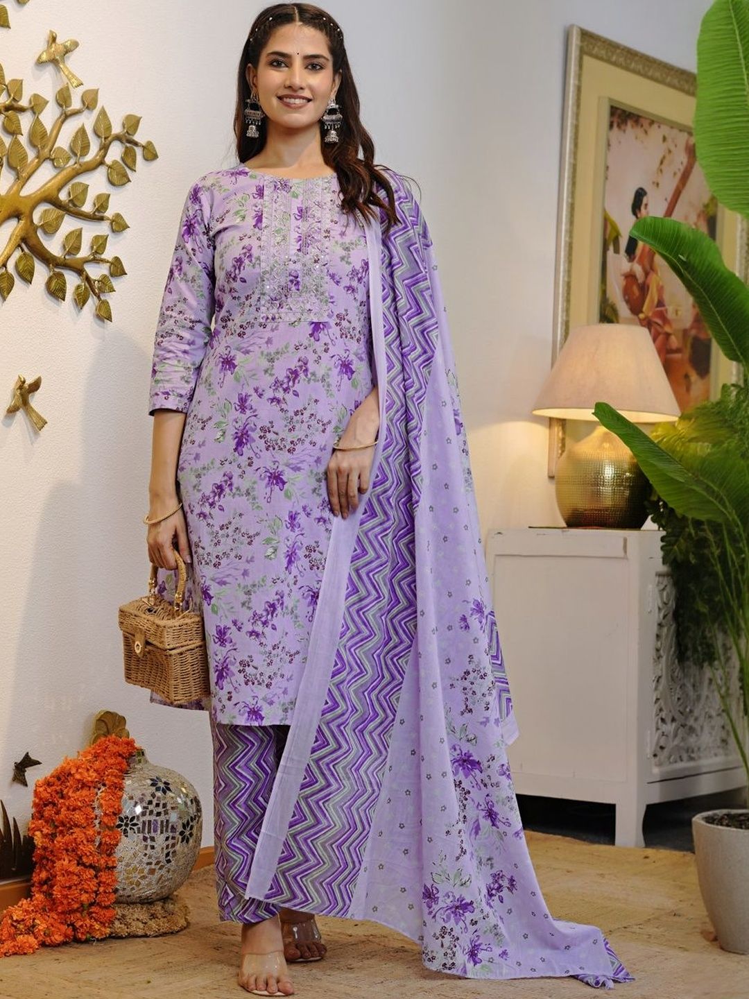 Dhiyona KL Floral Printed Regular Sequinned Pure Cotton Kurta With Trousers & Dupatta