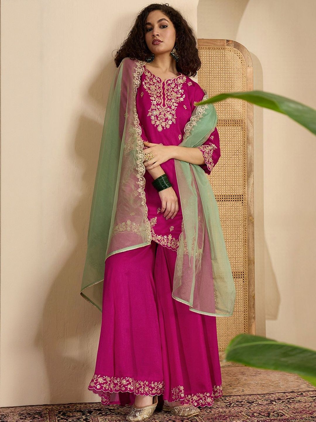 Dhiyona SN Floral Embroidered Zari And Sequinned Straight Kurta With Sharara & Dupatta